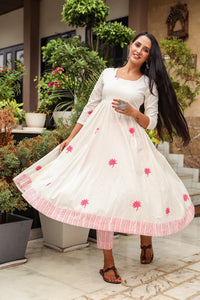 White & Pink Block Print Anarkali Kurta Pant Set