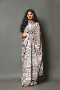 Linen Border Block Butti Print Saree with Blouse