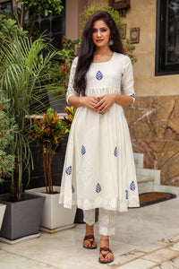 White & Blue Block Print Anarkali Kurta Pant Set