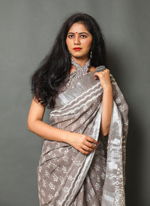 Linen Border Block Butti Print Saree with Blouse