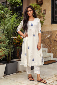 White & Blue Block Print Anarkali Kurta Pant Set