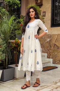 White & Blue Block Print Anarkali Kurta Pant Set
