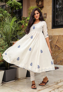 White & Blue Block Print Anarkali Kurta Pant Set