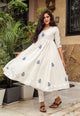 White & Blue Block Print Anarkali Kurta Pant Set