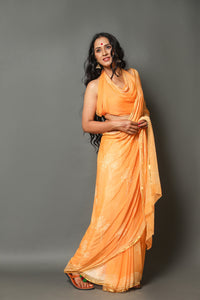 Yellow Pure Chiffon Block Print Saree with Blouse