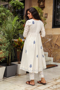 White & Blue Block Print Anarkali Kurta Pant Set