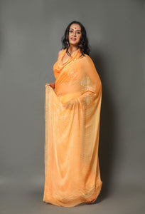 Yellow Pure Chiffon Block Print Saree with Blouse