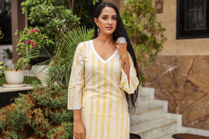 Yellow Block Print Lace Straight Kurti
