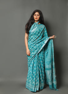 Rama Turquoise Block Butti Print Linen Border Saree with Blouse