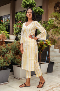 Yellow Block Print Lace Straight Kurti