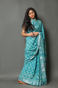 Rama Turquoise Block Butti Print Linen Border Saree with Blouse