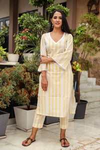 Yellow Block Print Lace Straight Kurti