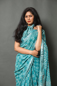 Rama Turquoise Block Butti Print Linen Border Saree with Blouse