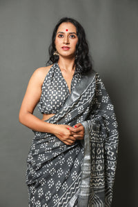 Grey Block Butti Print Linen Border Saree with Blouse