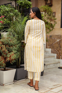 Yellow Block Print Lace Straight Kurti
