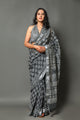 Grey Block Butti Print Linen Border Saree with Blouse