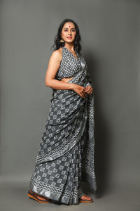 Grey Block Butti Print Linen Border Saree with Blouse