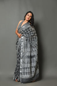 Grey Block Butti Print Linen Border Saree with Blouse
