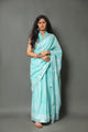 Aqua Block Butta Print Linen Border Saree with Blouse