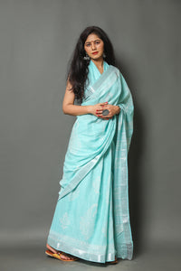 Aqua Block Butta Print Linen Border Saree with Blouse