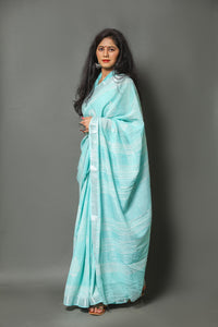 Aqua Block Butta Print Linen Border Saree with Blouse