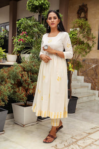White & Yellow Block Print Anarkali Kurta Pant Set