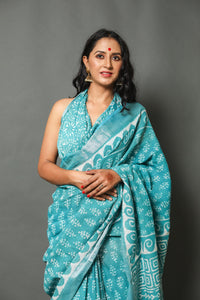 Rama Green Sanganeri Block Butti Print Linen Saree with Blouse