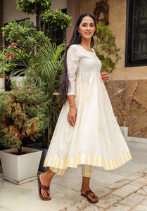 White & Yellow Block Print Anarkali Kurta Pant Set