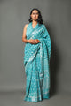Rama Green Sanganeri Block Butti Print Linen Saree with Blouse