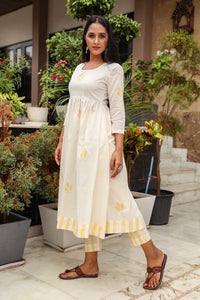 White & Yellow Block Print Anarkali Kurta Pant Set