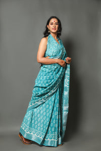 Rama Green Sanganeri Block Butti Print Linen Saree with Blouse
