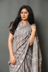 Grey Sanganeri Block Butti Print Linen Border Saree with Blouse