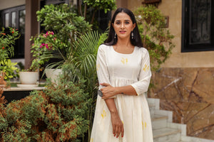 White & Yellow Block Print Anarkali Kurta Pant Set
