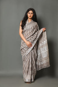 Grey Sanganeri Block Butti Print Linen Border Saree with Blouse