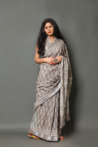 Grey Sanganeri Block Butti Print Linen Border Saree with Blouse