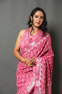 Fuchsia Sanganeri Block Butti Print Linen Border Saree with Blouse