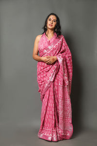 Fuchsia Sanganeri Block Butti Print Linen Border Saree with Blouse