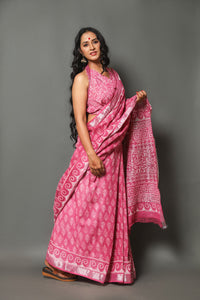 Fuchsia Sanganeri Block Butti Print Linen Border Saree with Blouse