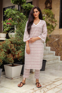 Maroon & White Long Kurta Pant Set