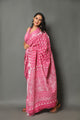 Fuchsia Sanganeri Block Butti Print Linen Border Saree with Blouse