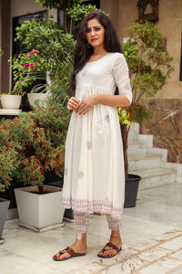 White & Maroon Block Print Anarkali Kurta Pant Set