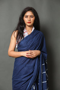 Blue Leaf & Box Block Print Cotton Saree with Blouse