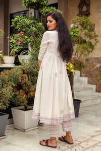 White & Maroon Block Print Anarkali Kurta Pant Set