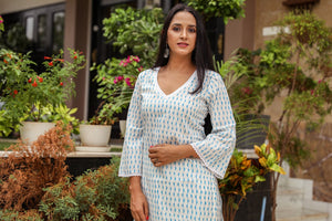 Turquoise & White Long Kurta Pant Set