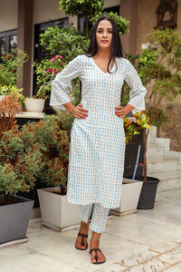 Turquoise & White Long Kurta Pant Set
