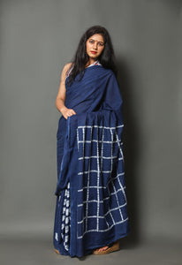 Blue Leaf & Box Block Print Cotton Saree with Blouse