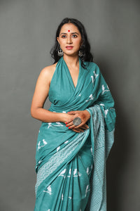 Rama Green Bird Block Print Cotton Saree with Blouse