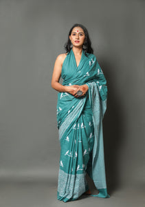 Rama Green Bird Block Print Cotton Saree with Blouse