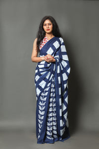 Blue Leaf & Box Block Print Cotton Saree with Blouse