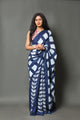 Blue Leaf & Box Block Print Cotton Saree with Blouse